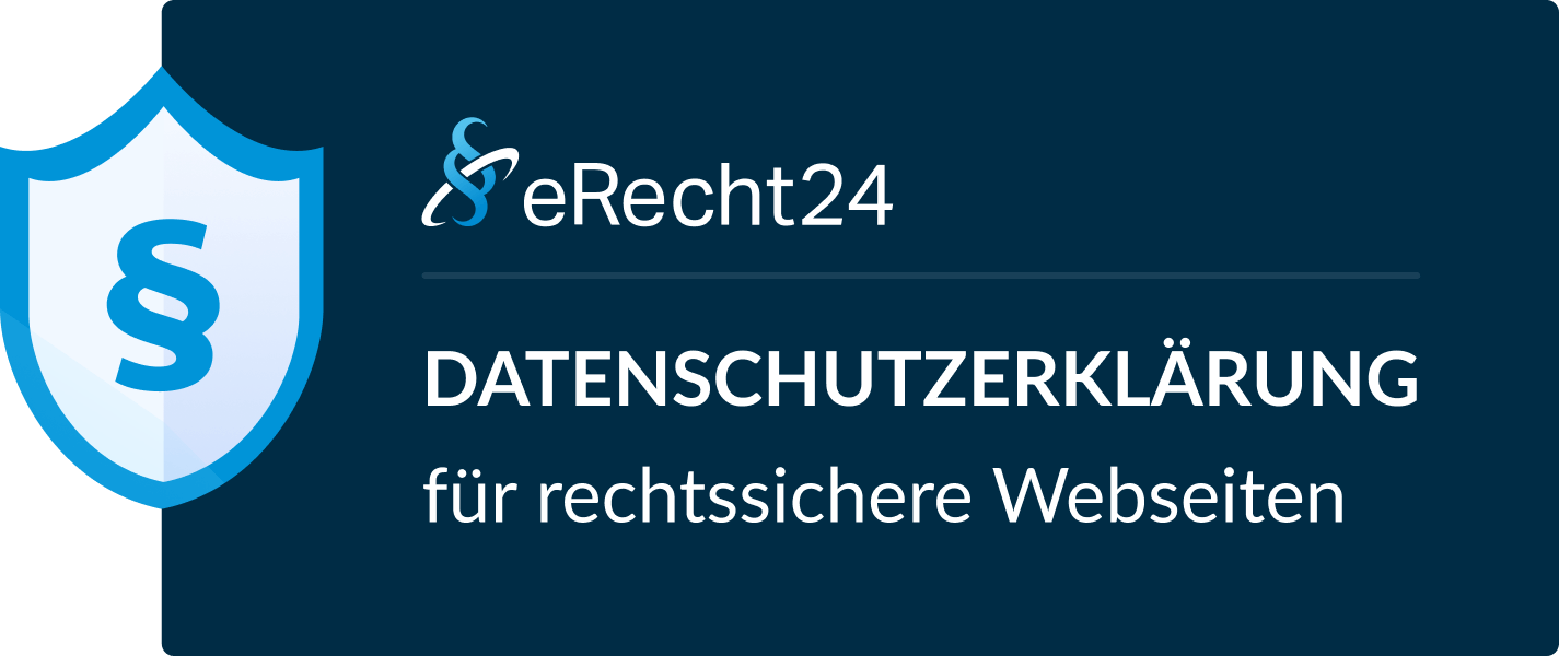 Ein Datenschutzsiegel mit dem Text 'Datenschutzerklärung für rechtssichere Webseiten' und einem blauen Schild