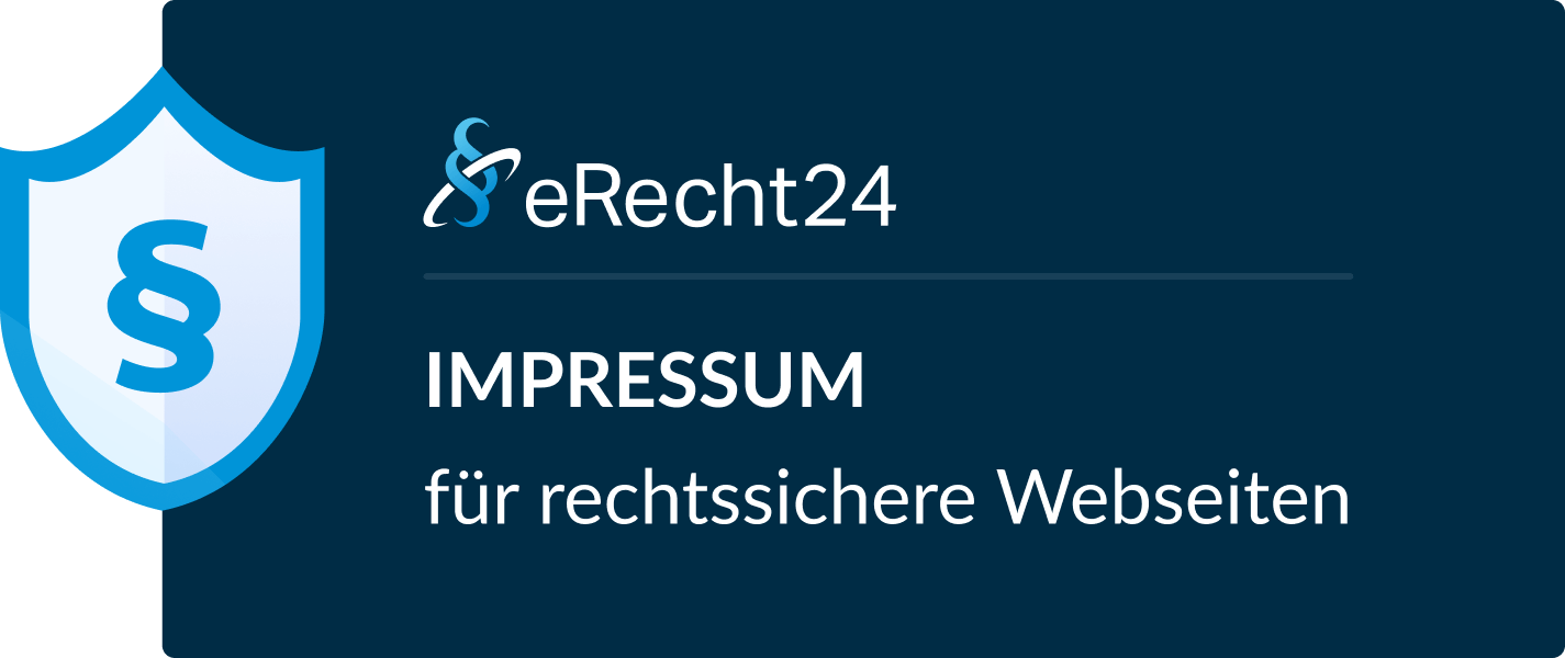 Impressum Siegel mit dem Text 'eRecht24' und einem blauen Schild auf dunklem Hintergrund