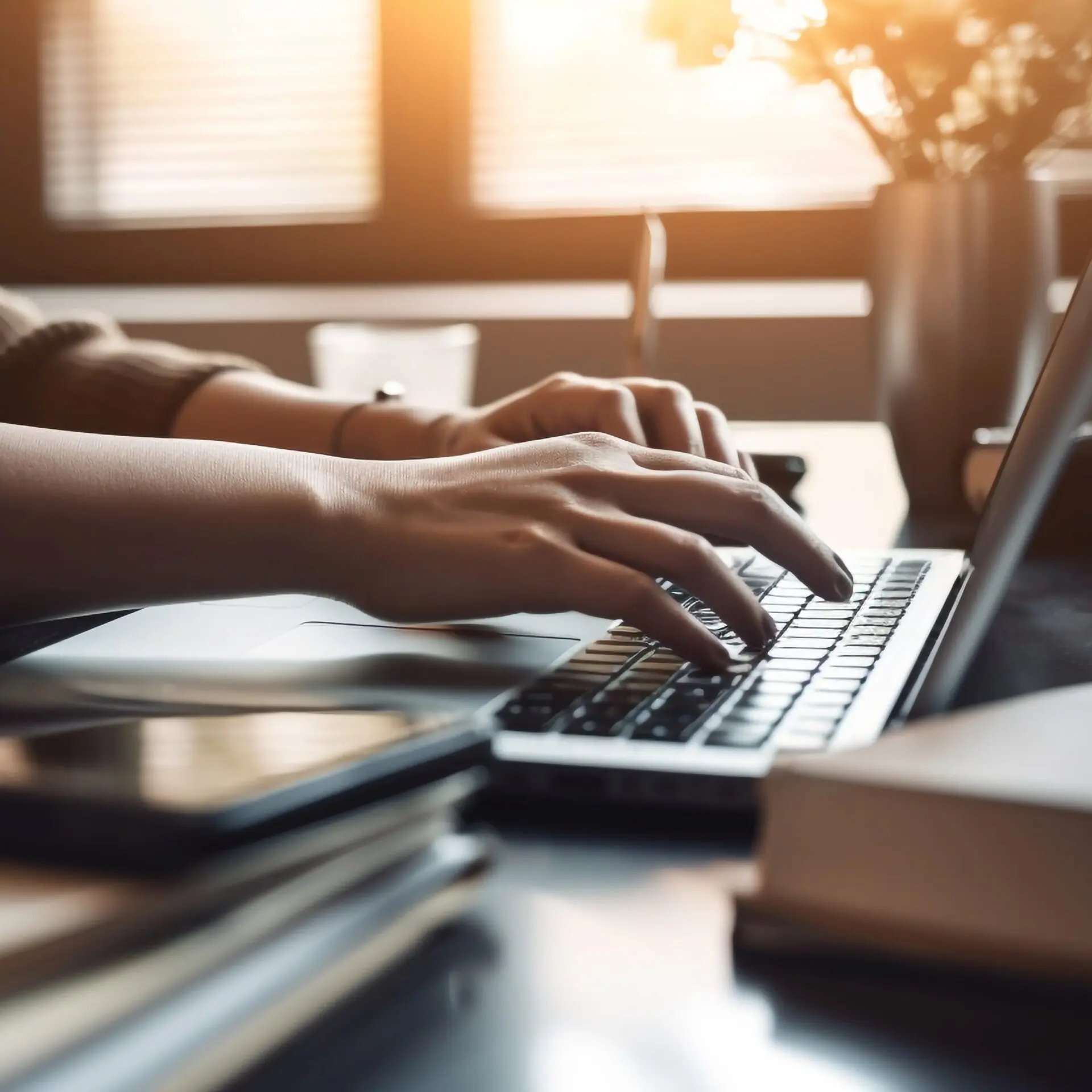 Hände einer Person, die auf der Tastatur eines Laptops tippen, während sie an einem Tisch sitzt.