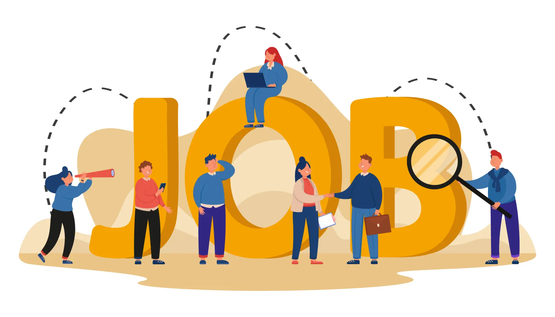 Illustration von sieben Personen die vor dem Wort "Job" stehen