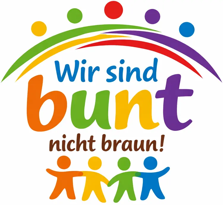 Farbenfrohes Logo mit Regenbogenbögen über dem Schriftzug Wir sind bunt nicht braun!, gefolgt von farbigen Figuren, die Vielfalt darstellen, für Jugendliche